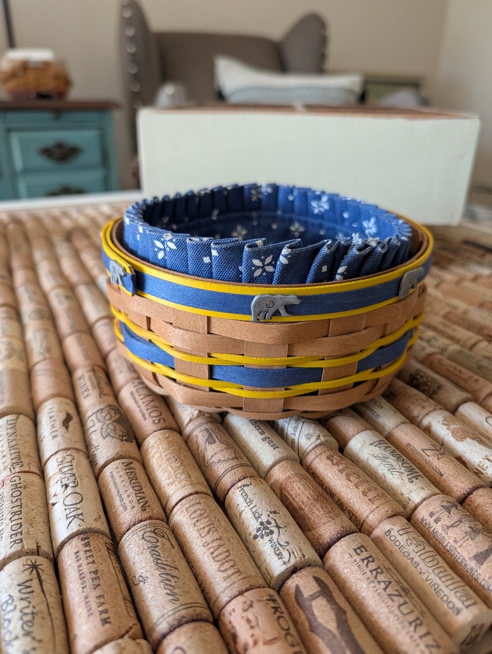Longaberger 2010 Specialty Button Basket W/ Metal Bear Pins. Blue & Yellow Slats